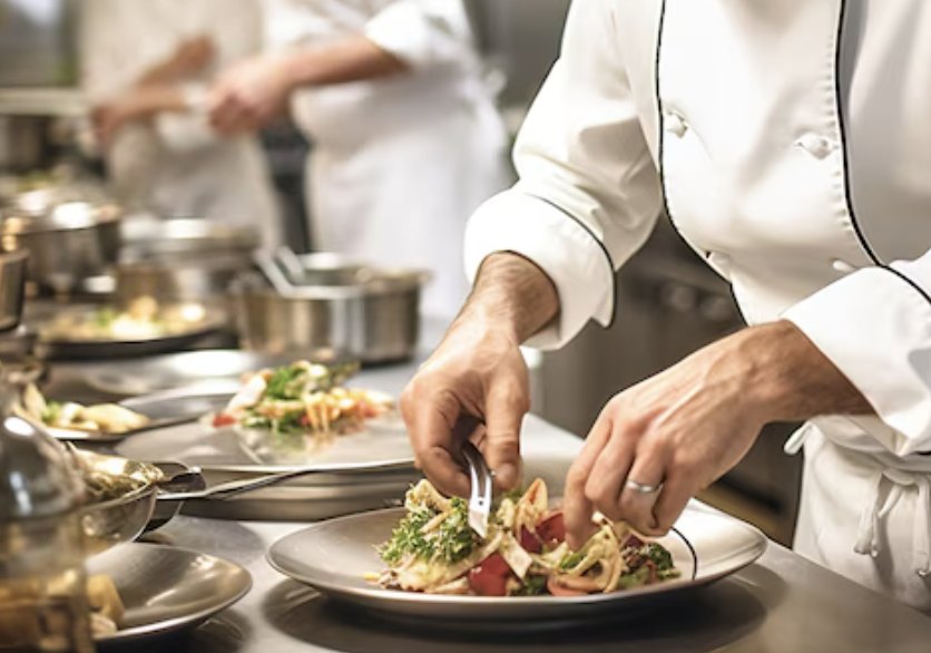 Chef dressant une assiette en cuisine