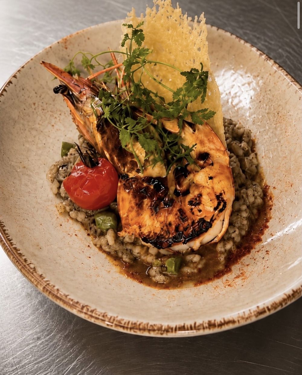 Gambas grillée sur risotto